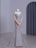 Cute Mermaid Off The Shoulder Silver With Short Sleeves Beads Long Prom Dresses Formal Party Dress Prom Gown HZ0311