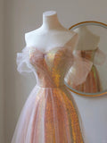 Cute A Line Off The Shoulder Blush Pink Sequin With Short Sleeves Long Prom Dresses Formal Party Dress Prom Gown HZ0311