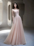 Classy A line Strapless Light Pink Tulle Long Formal Prom Dresses Dance Night Outfits Party Gowns HZ0311