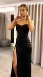 Simple Mermaid Sweetheart Black Satin Slit Long Prom Dresses Inspiration Party Dress Prom Gown HZ0311