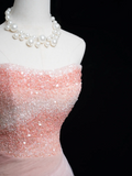 Timeless Ball Gown Strapless Pink Tulle Beaded Long Prom Dresses For Teens Formal Dress Birthday Outfits Prom Gown HZ0311