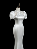 Vintage Mermaid High Neck Short Sleeves Satin Fitted Long Wedding Dress Bride Gown Wedding Dresses HZ0311