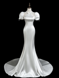 Vintage Mermaid High Neck Short Sleeves Satin Fitted Long Wedding Dress Bride Gown Wedding Dresses HZ0311