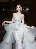 Princess Mermaid Off The Shoulder Short Sleeves Silver Sequin Fitted Long Wedding Dress Bridal Gown Wedding Dresses HZ0311