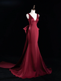 Chic Mermaid V Neck Burgundy Satin Long Prom Dresses Impress 18th Birthday Outfits Prom Gown HZ0311