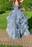 Chic Ball Gowns Prom Dress Women Spaghetti Straps Gray Tulle Long Formal Dance Evening Party Gowns HZ0311