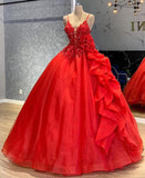 Chic Ball Gown Prom Dress Women Spaghetti Straps Red Tulle Long Formal Dance Evening Party Gowns HZ0311