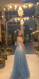 Dream A line Off The Shoulder Dusty Blue Tulle Prom Dress Women Long Formal Dance Evening Party Gowns HZ0311