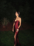 Aesthetic Mermaid Spaghetti Strap Burgundy Satin Long Formal Dresses With Slit Evening Prom Dress HZ0311