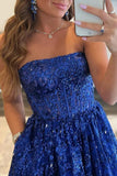 A line Royal Blue Sequined Lace Long Prom Dress with Pockets Formal Evening Gowns HZ0311