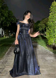 A Line Dark Navy Off-The-Shoulder Long Train Prom Dress Inspo Prom Gown HZ0311