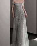 Charming With Short Sleeves Mermaid Silver Sequins Long Prom Dresses With Beadings Party Dress For Women HZ0311