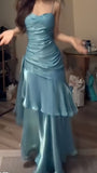 Fashion Burgundy Ruffle Long Prom Dresses Spaghetti Straps Dance Dress HZ0311
