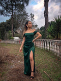 Beautiful Sheath Off The Shoulder Dark Green Satin Maxi Long Party Prom Dresses Evening Dress HZ0311