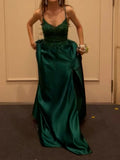 Modest A line Spaghetti Strap Dark Green Satin Prom Dresses Long for Women Formal Evening Gown HZ0311