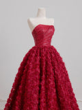 Timeless Ball Gown Strapless Burgundy Floral Tulle Long Prom Dresses Inspiration Party Gowns HZ0311