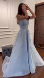 Chic A line Strapless Light Sky Blue Tulle Ruched Tops Prom Dress Inspo Women Long Formal Dance Evening Party Gowns HZ0311