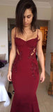 Mermaid Burgundy Spaghetti Straps Beaded Long Evening Prom Dresses Formal Dresses HZ0311
