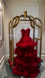 Red Ruffled Tiered Tulle Maxi Ball Gown Sweetheart Spaghetti Straps Ruffled A-Line Arabian Evening Gown HZ0311